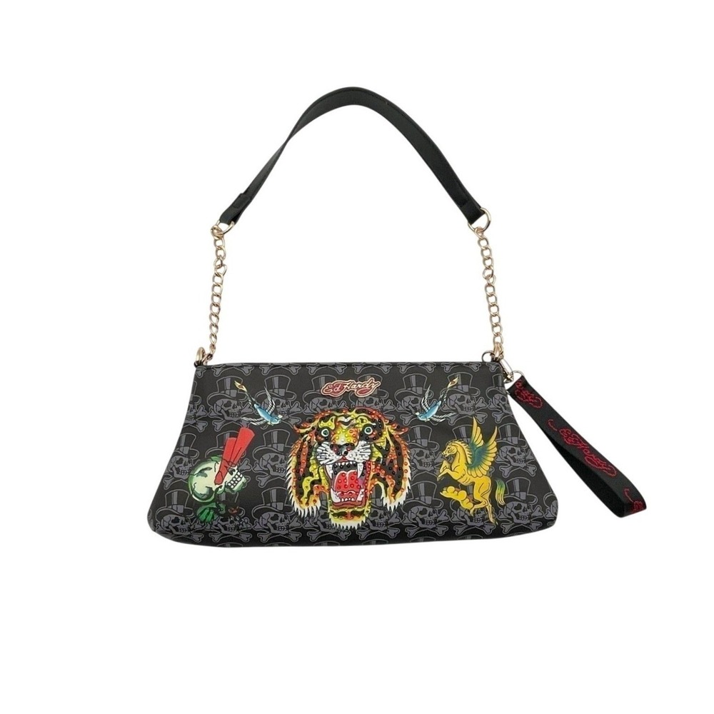 Ed Hardy Womens Y2K Rhinestone Tiger Skull Shoulder Bag NWT Gold Chain Emo Glamβ